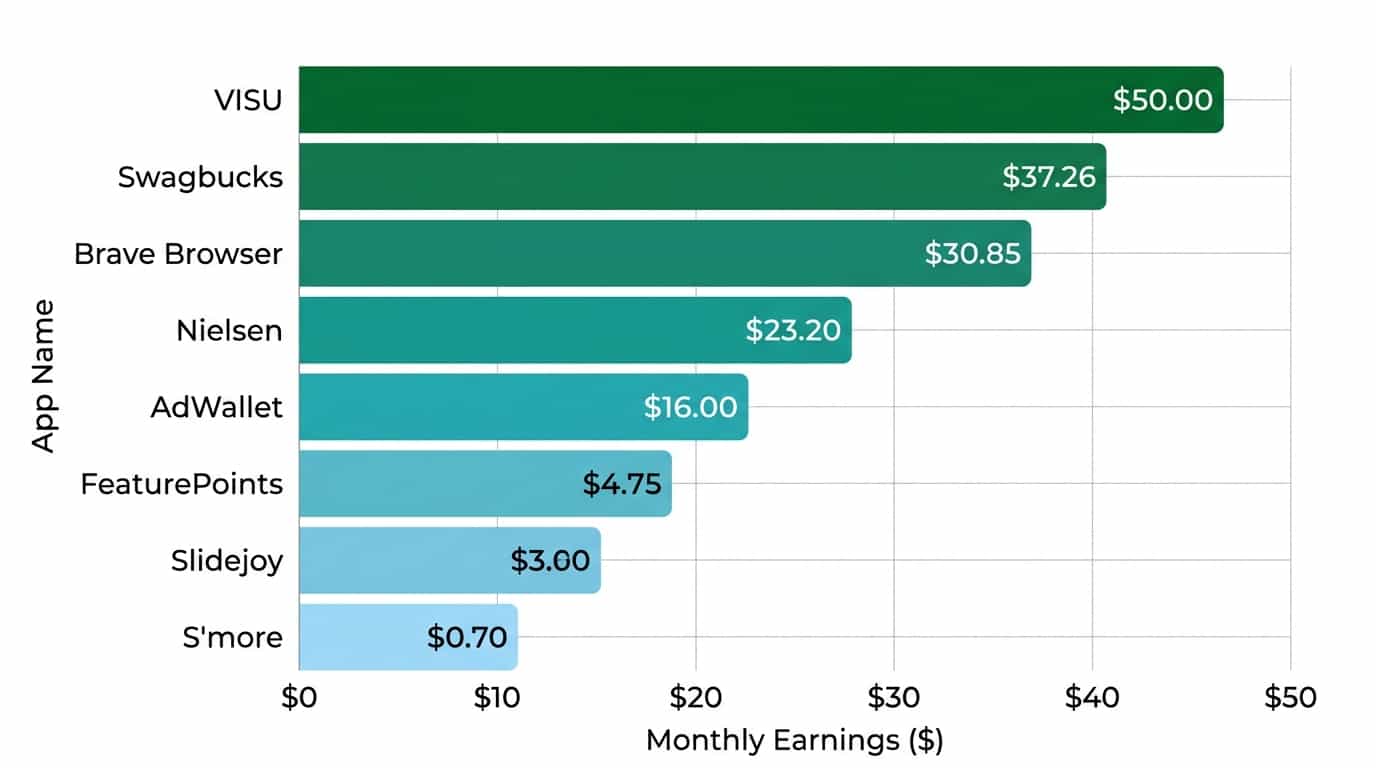 Bar chart comparing monthly earnings from eight attention reward apps including VISU Swagbucks Brave and Nielsen