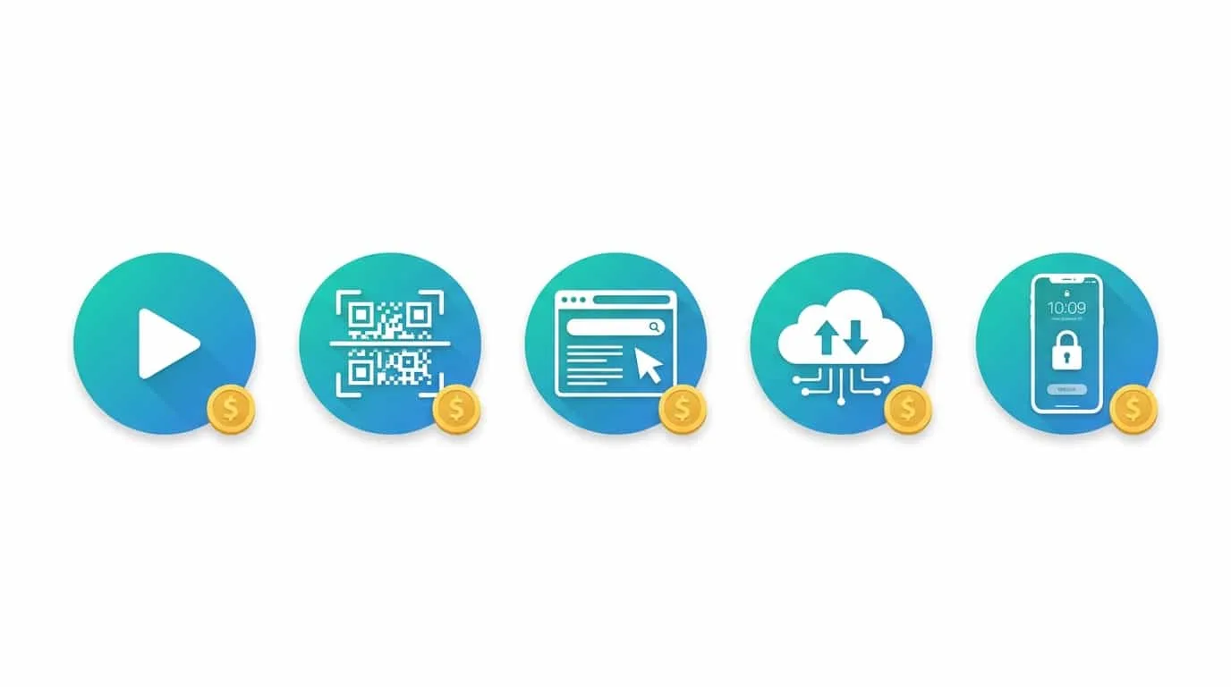 Five icons representing monetizable attention types: watching videos scanning QR codes browsing sharing data and lock screen