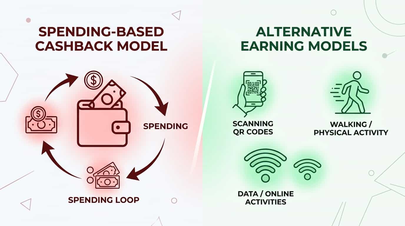 Side by side comparison table of cashback apps versus alternative earning models showing spend requirement and data trade
