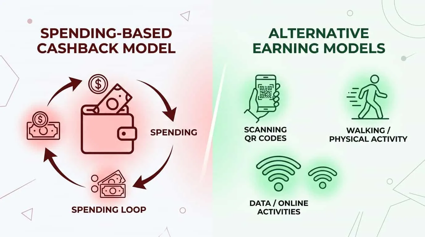 Side by side comparison table of cashback apps versus alternative earning models showing spend requirement and data trade