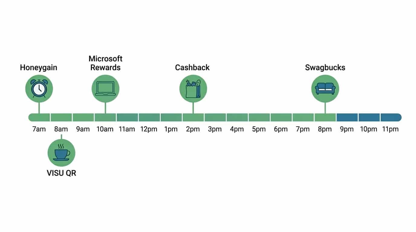 Linha do tempo de um dia típico mostrando quando cada app de recompensa gera dinheiro da manhã à noite