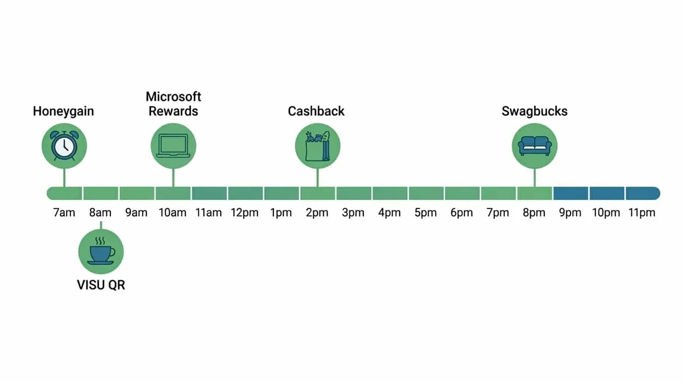 Timeline of a typical day showing when each reward app earns money from morning to night