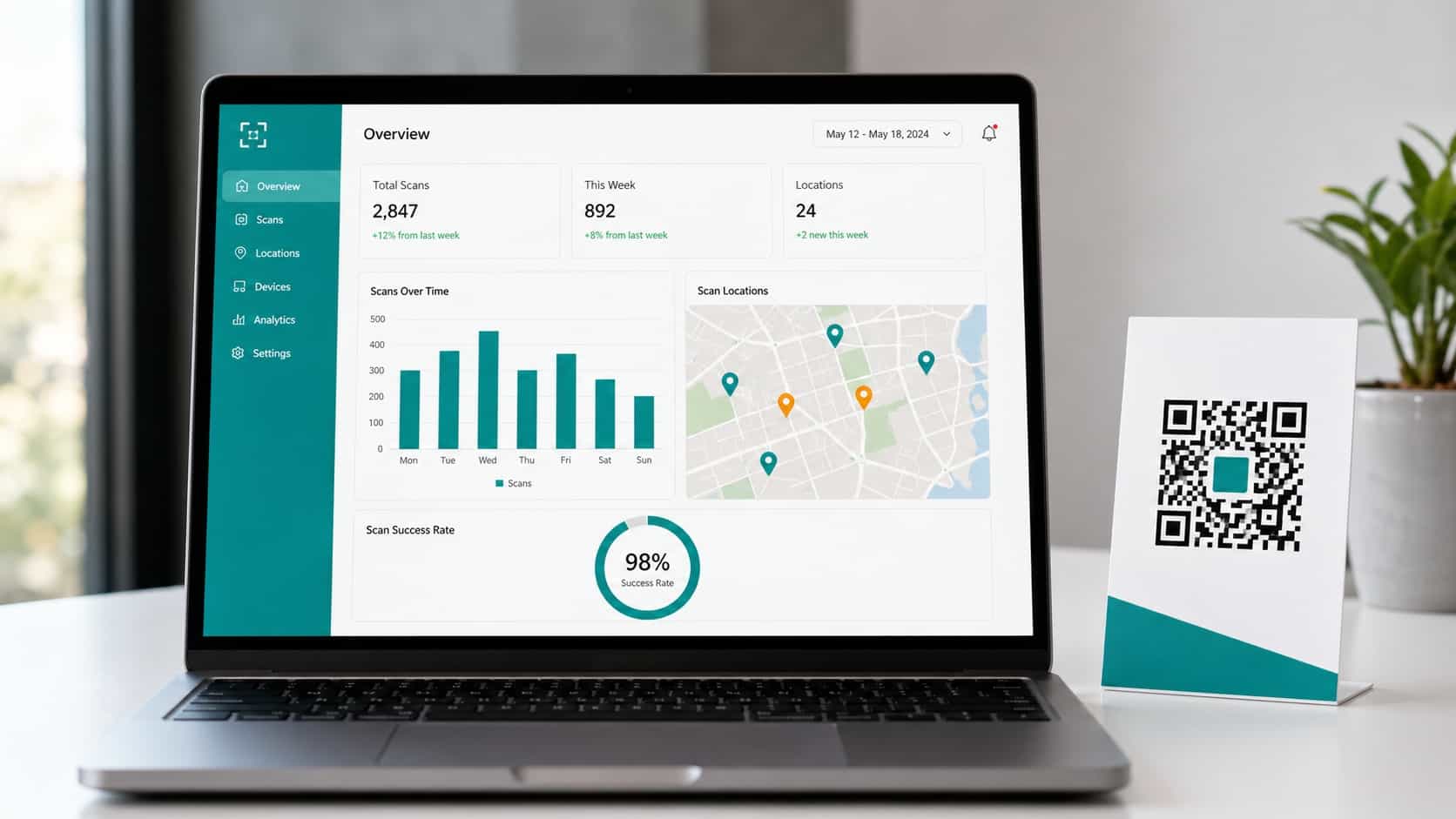 Laptop screen showing a QR code analytics dashboard with scan counts, location data, and review conversion metrics