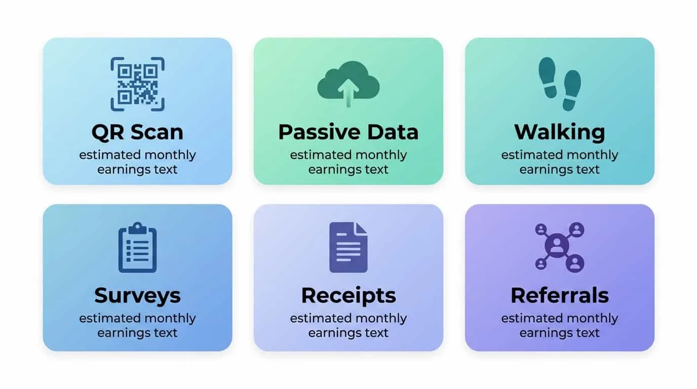 Grid of six earning methods that do not require purchases including QR scans passive data walking surveys receipts and referrals