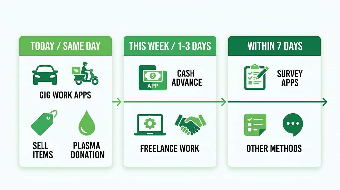 Infográfico de linha do tempo mostrando quão rápido cada método de ganhar dinheiro paga de mesmo dia a uma semana incluindo apps de trabalho venda de itens e adiantamentos