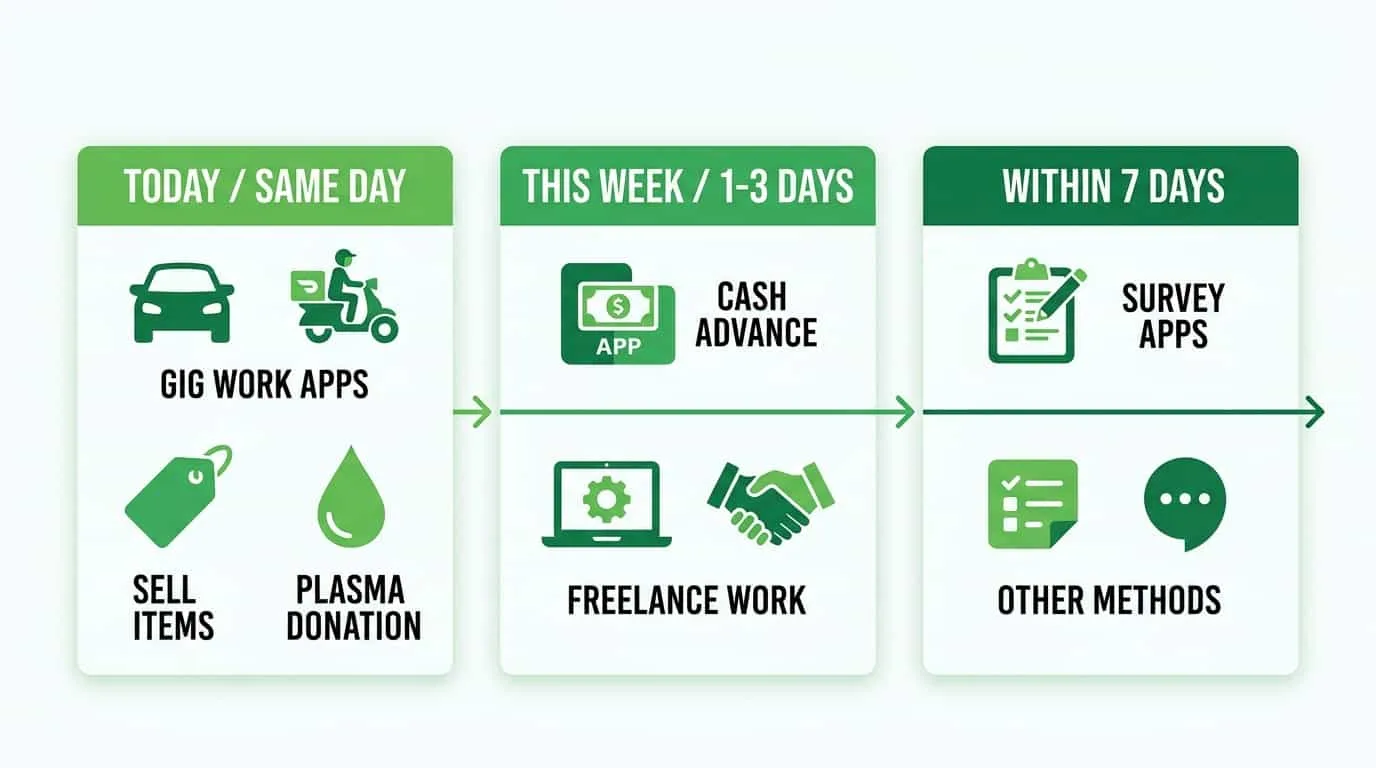 Timeline infographic showing how fast each money-making method pays from same day to one week including gig apps selling items and cash advances