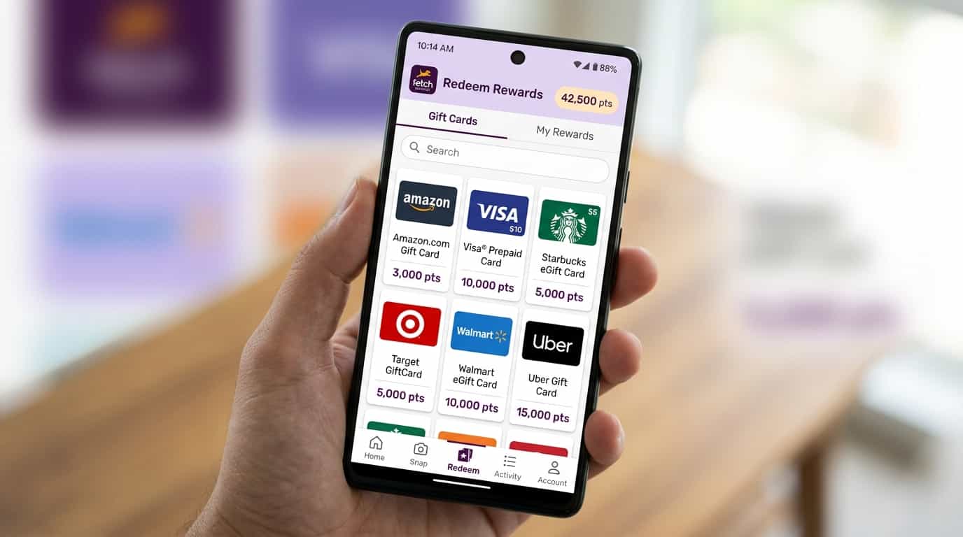 Fetch Rewards redemption screen showing gift card options from Amazon Visa and Starbucks
