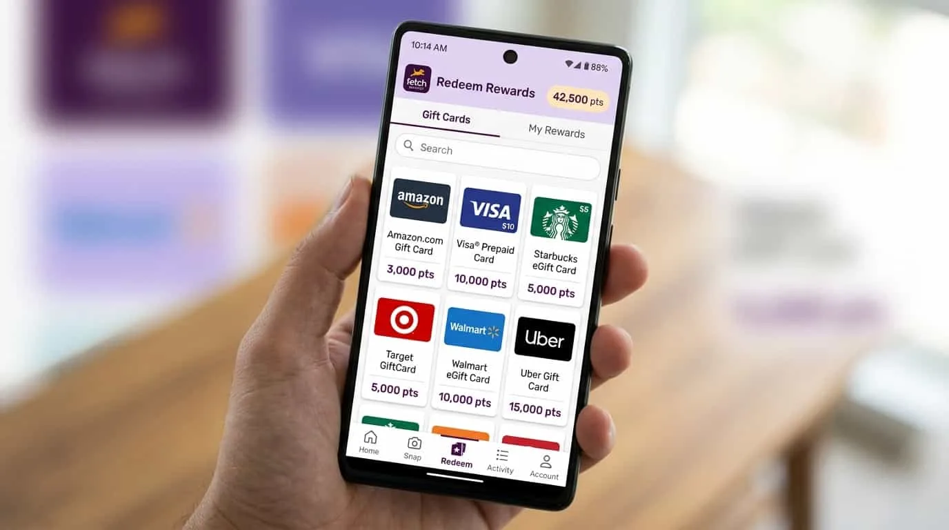 Pantalla de canje de Fetch Rewards con opciones de tarjetas de regalo de Amazon, Visa y Starbucks