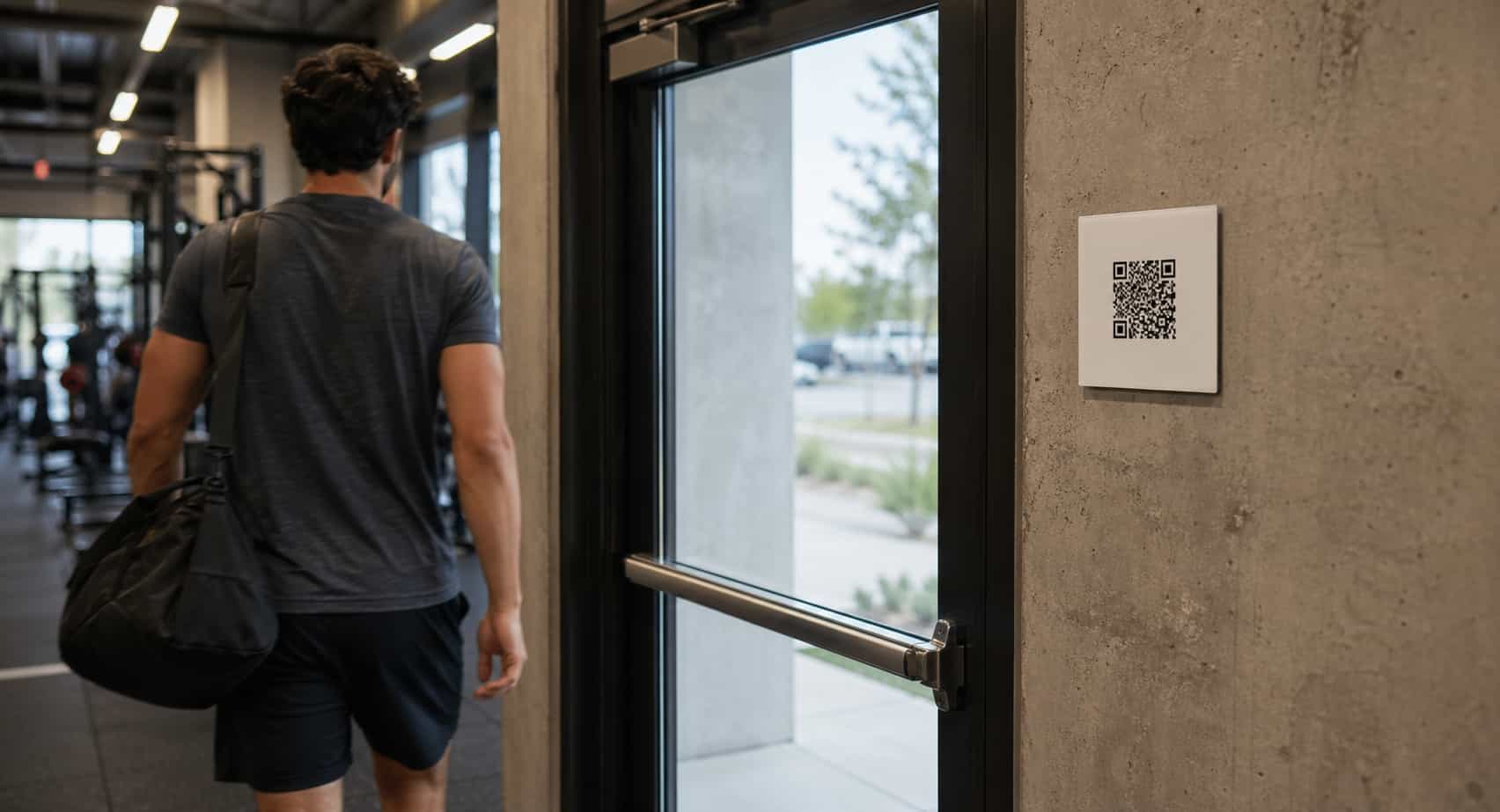 Porta de saída de academia com placa de QR code na parede e um aluno caminhando em direção segurando uma bolsa de academia