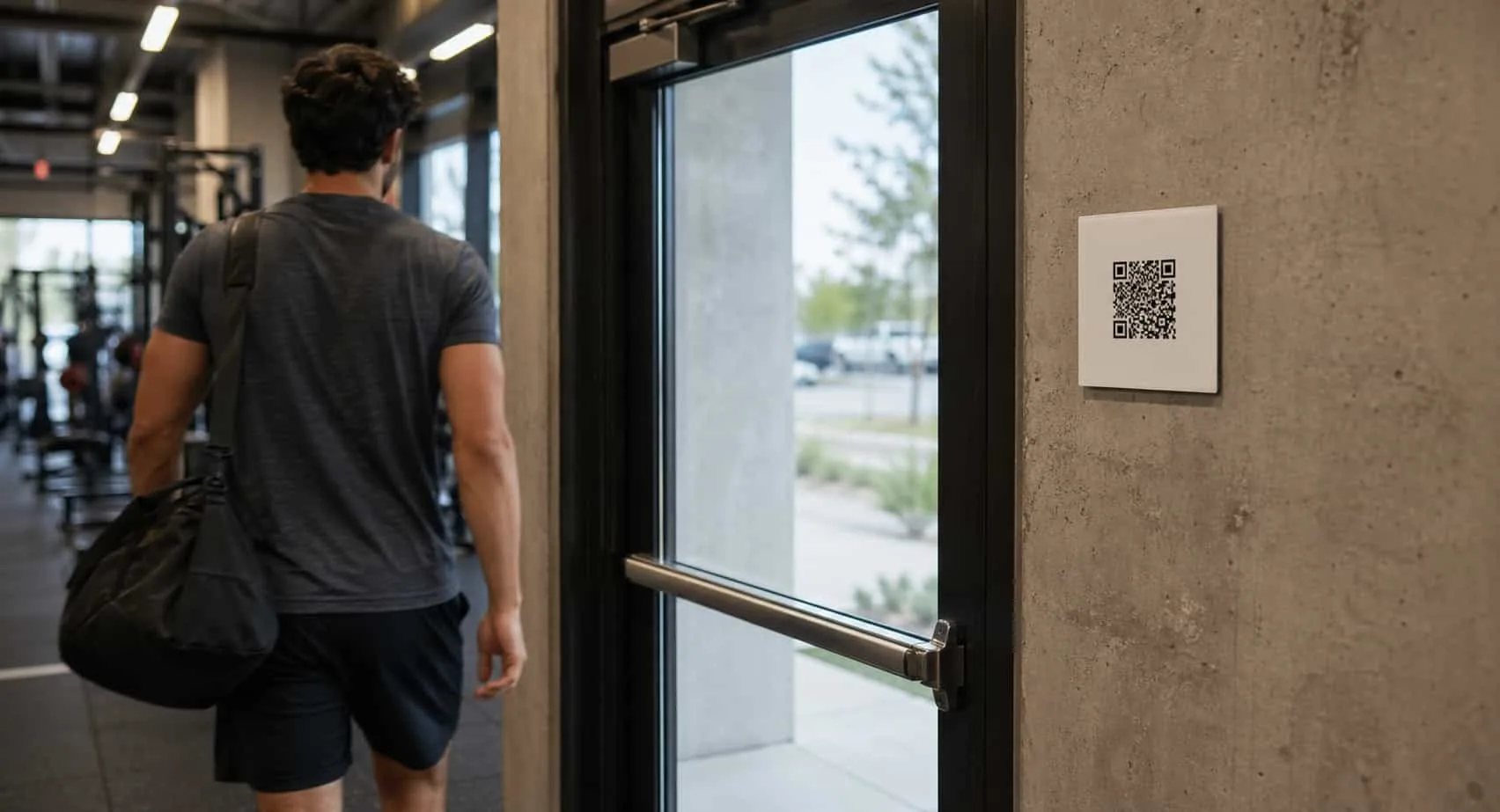 Gym exit door with a wall-mounted QR code sign and a member walking toward it carrying a gym bag