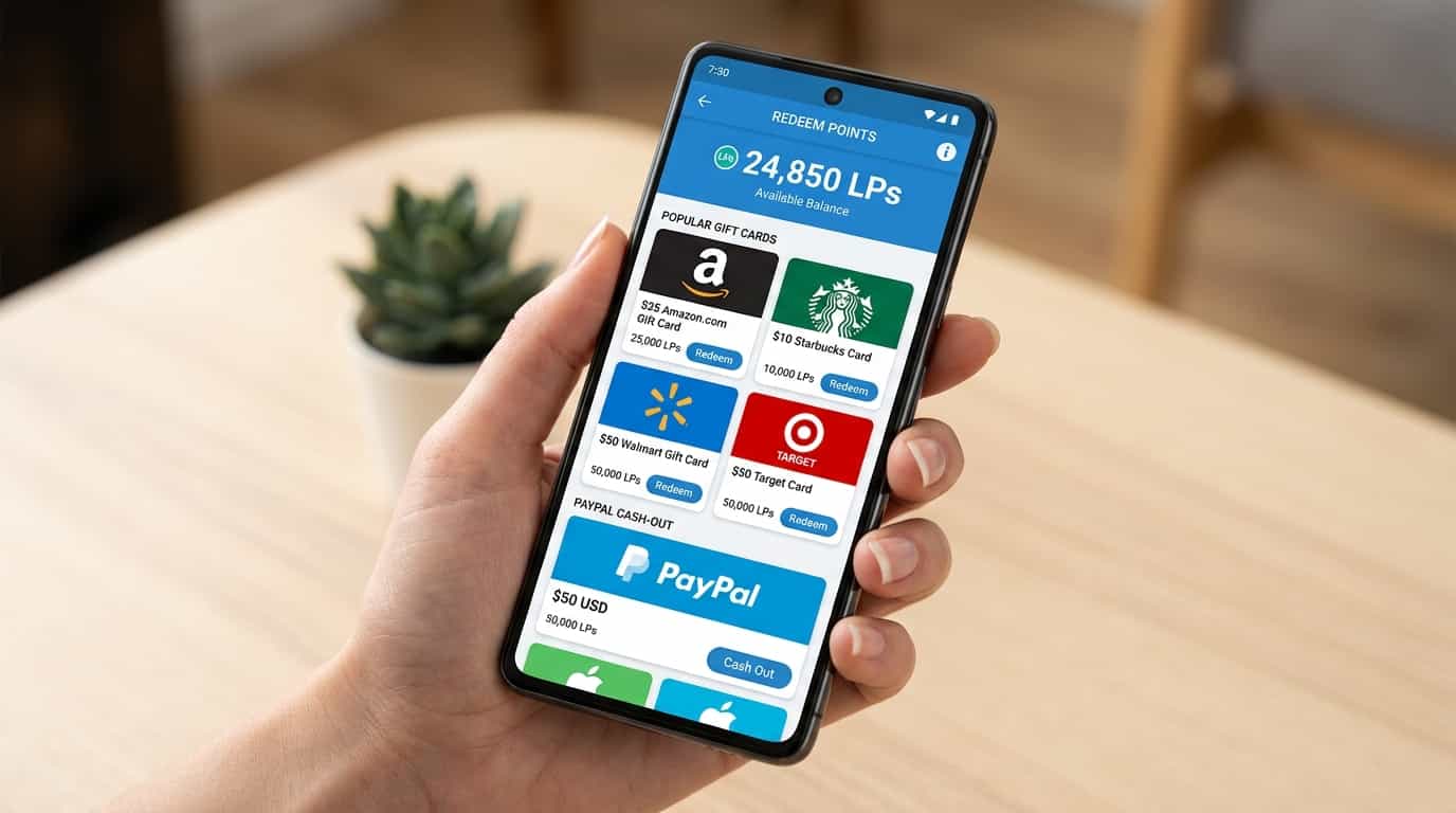 Página de recompensas do LifePoints mostrando opções de gift cards e pagamento PayPal com saldo de pontos