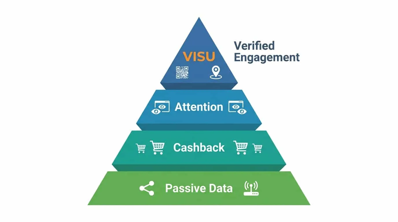 Pyramid diagram showing four layers of a micro income stack from passive base to active engagement at the top
