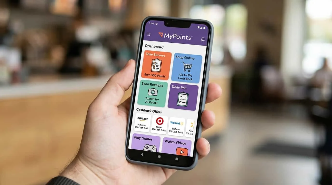 MyPoints dashboard showing multiple earning methods including surveys shopping and receipt scanning
