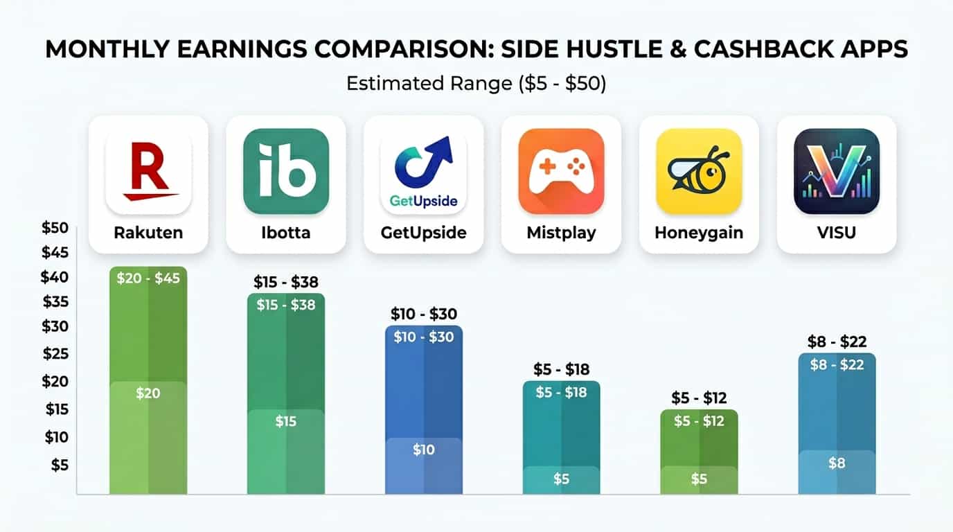 Gráfico comparativo de ganhos mensais de apps sem pesquisa incluindo Rakuten Ibotta Upside Mistplay Honeygain e VISU