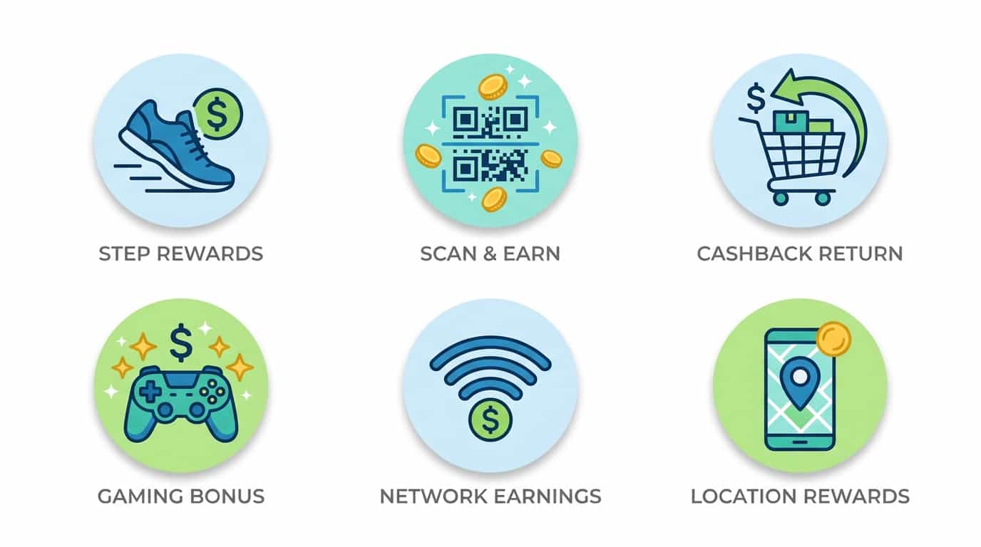 Seis ícones representando formas de ganhar dinheiro sem pesquisas caminhada escaneamento cashback jogos compartilhar internet e recompensas QR