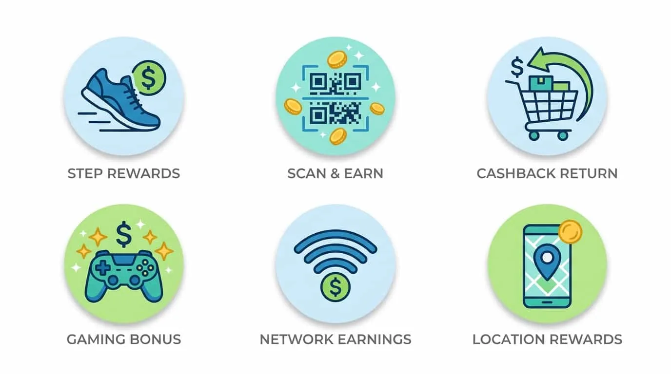 Seis ícones representando formas de ganhar dinheiro sem pesquisas caminhada escaneamento cashback jogos compartilhar internet e recompensas QR
