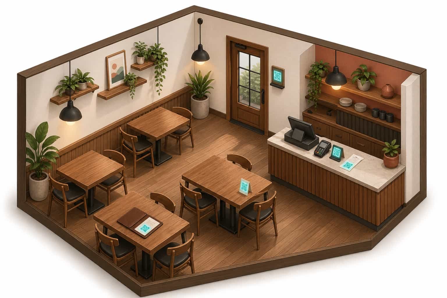 Vista isométrica do interior de um restaurante mostrando cinco pontos de posicionamento de QR code destacados na borda da mesa, caixa, porta-conta, recibo e porta de saída