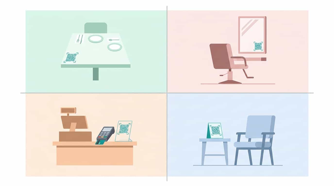 Grid showing recommended QR code review placements for restaurants, salons, retail stores, and clinics with icons