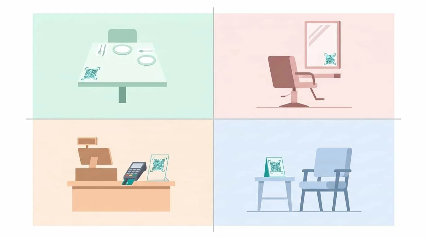 Grid showing recommended QR code review placements for restaurants, salons, retail stores, and clinics with icons
