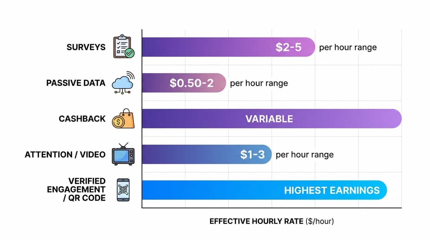 Bar chart comparing effective hourly rate of five reward app categories from surveys to verified engagement