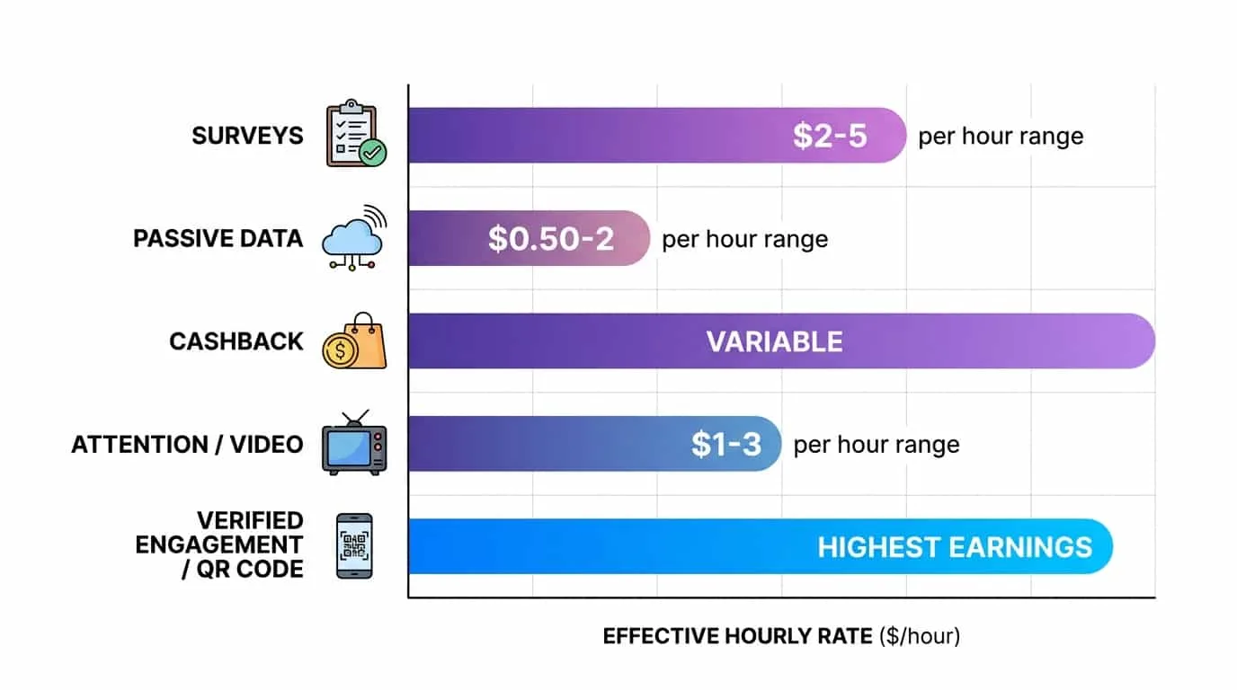 Gráfico de barras comparando a taxa horária efetiva de cinco categorias de apps de recompensa de pesquisas a engajamento verificado
