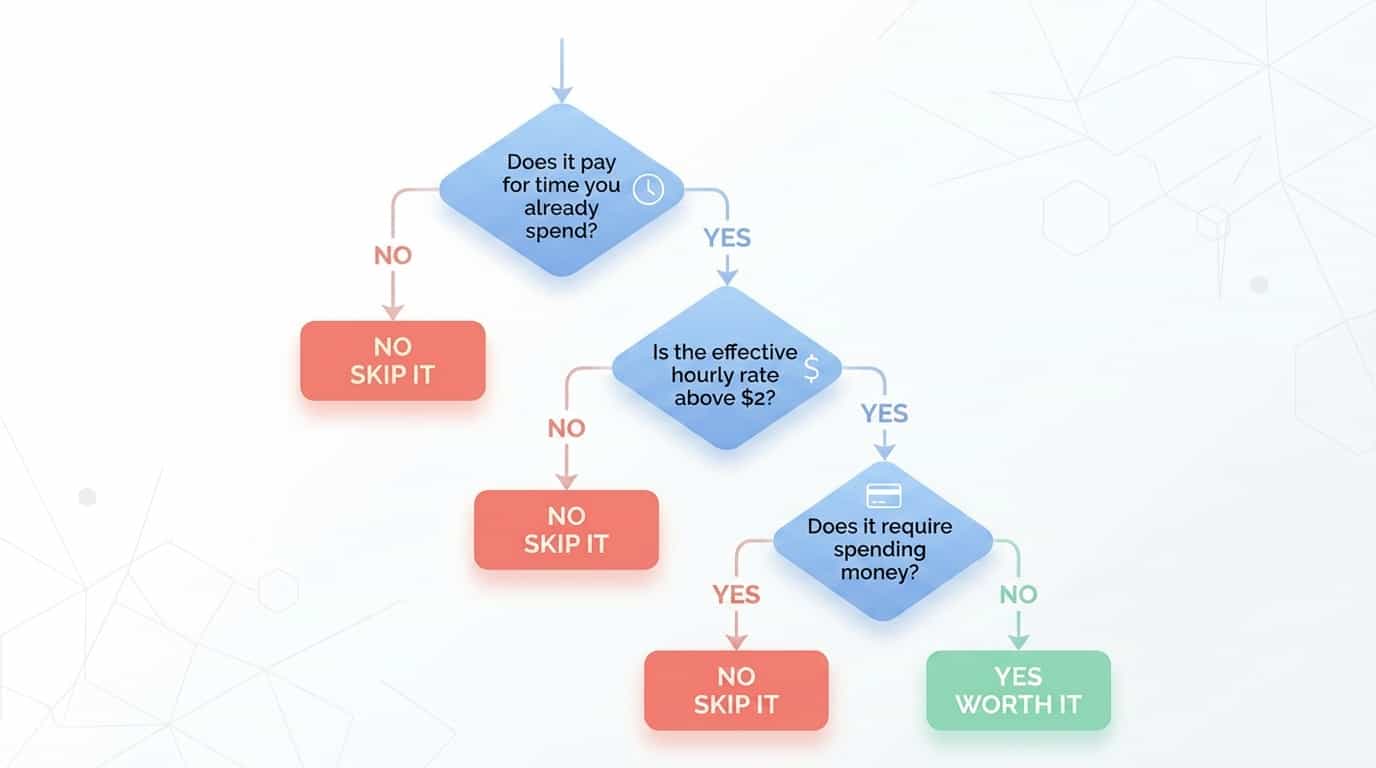 Decision flowchart showing three questions to determine if a reward app is worth your time