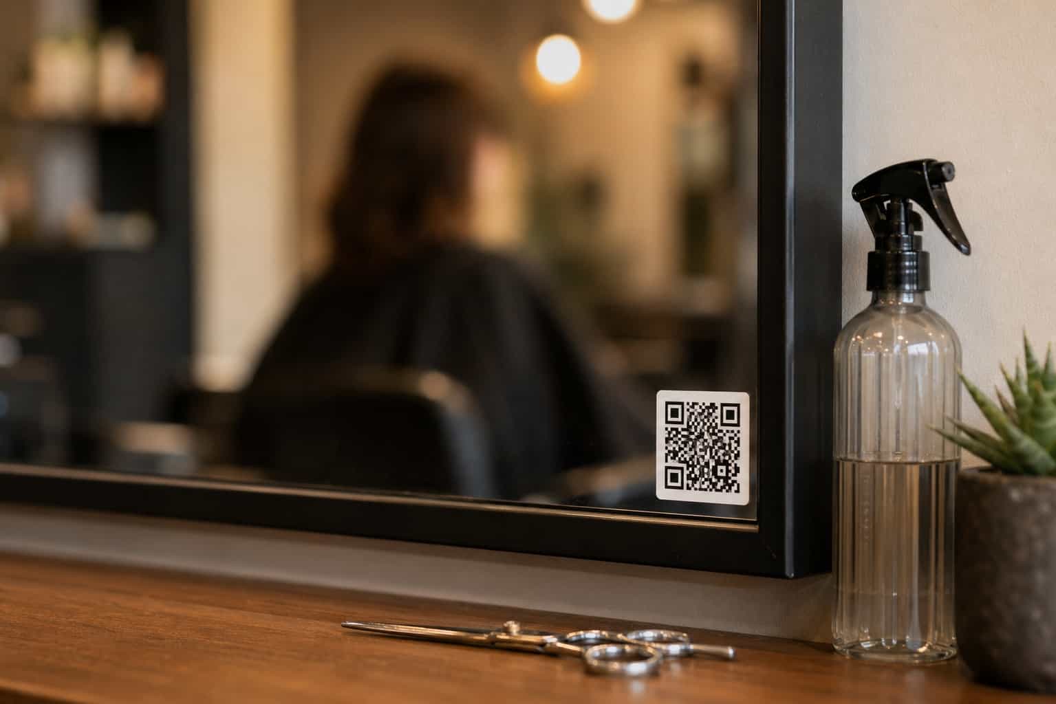 Close de espelho de salão com adesivo de QR code no canto e reflexo de um cliente visível em foco suave