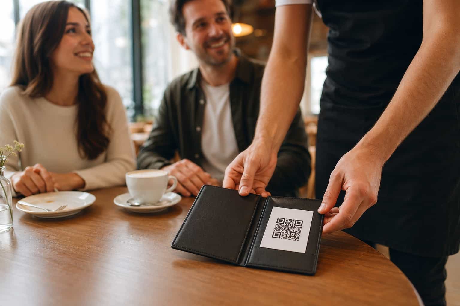Garçom colocando um porta-conta com QR code visível sobre uma mesa onde clientes terminam a refeição