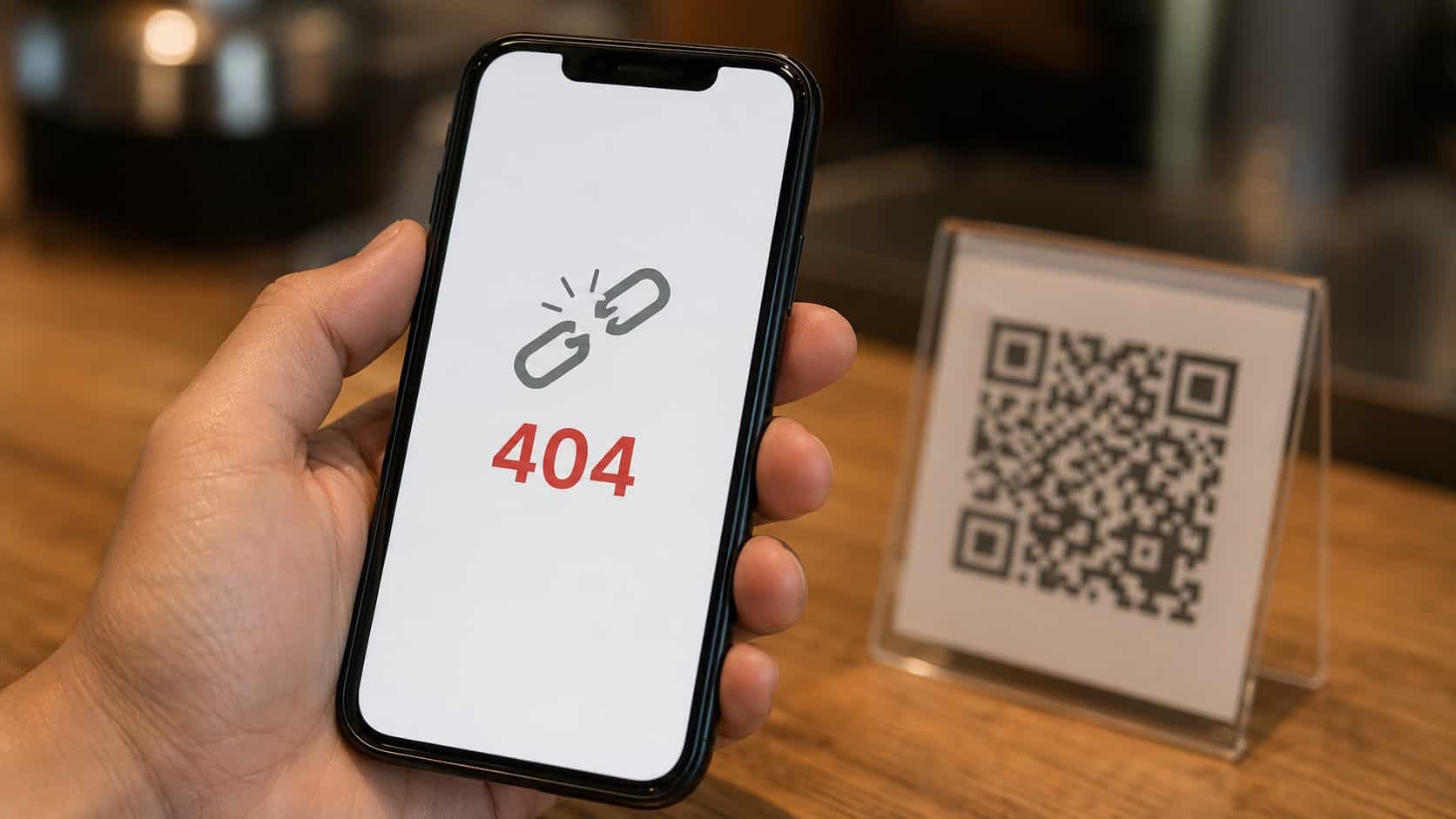 Close-up of a smartphone screen showing a 404 error after scanning a static QR code printed on a faded table tent