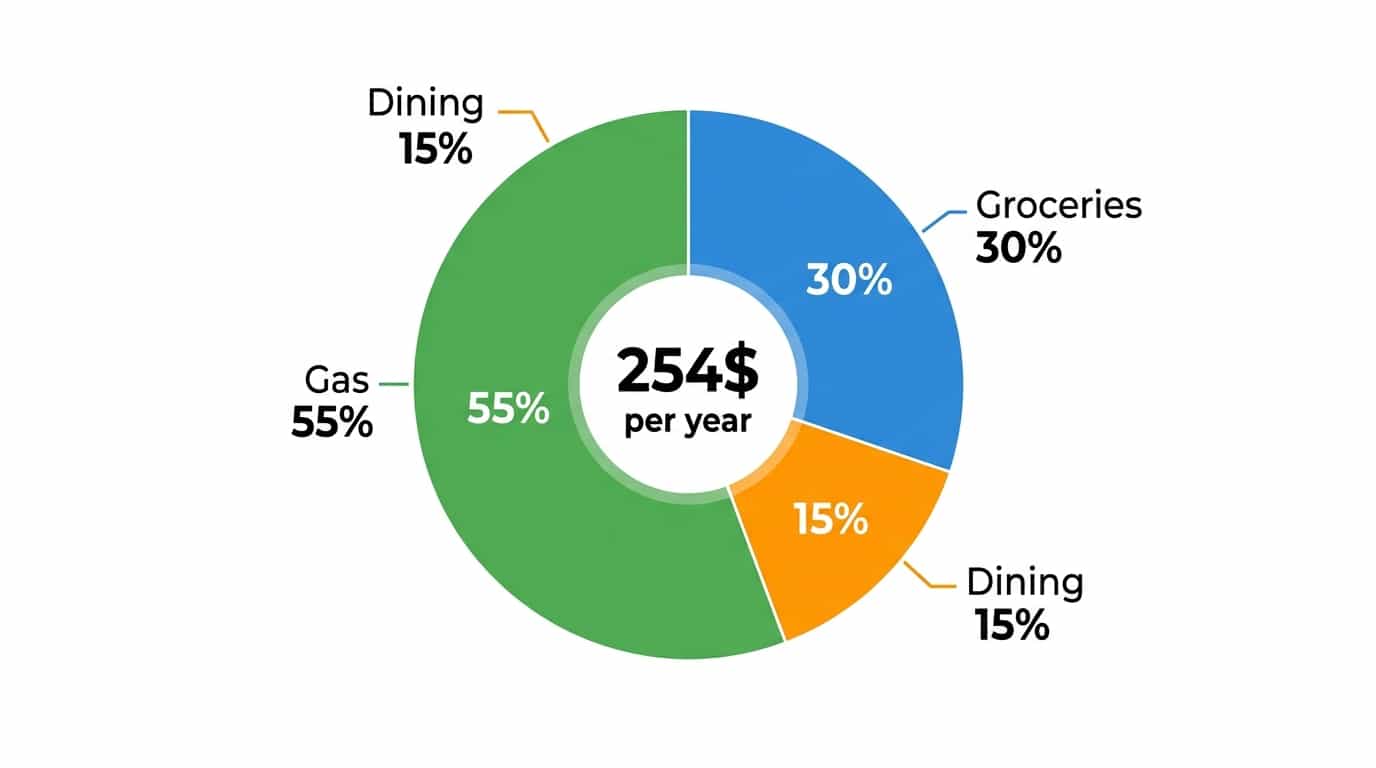 Pie chart breaking down Upside annual earnings of $254 across gas groceries and dining categories