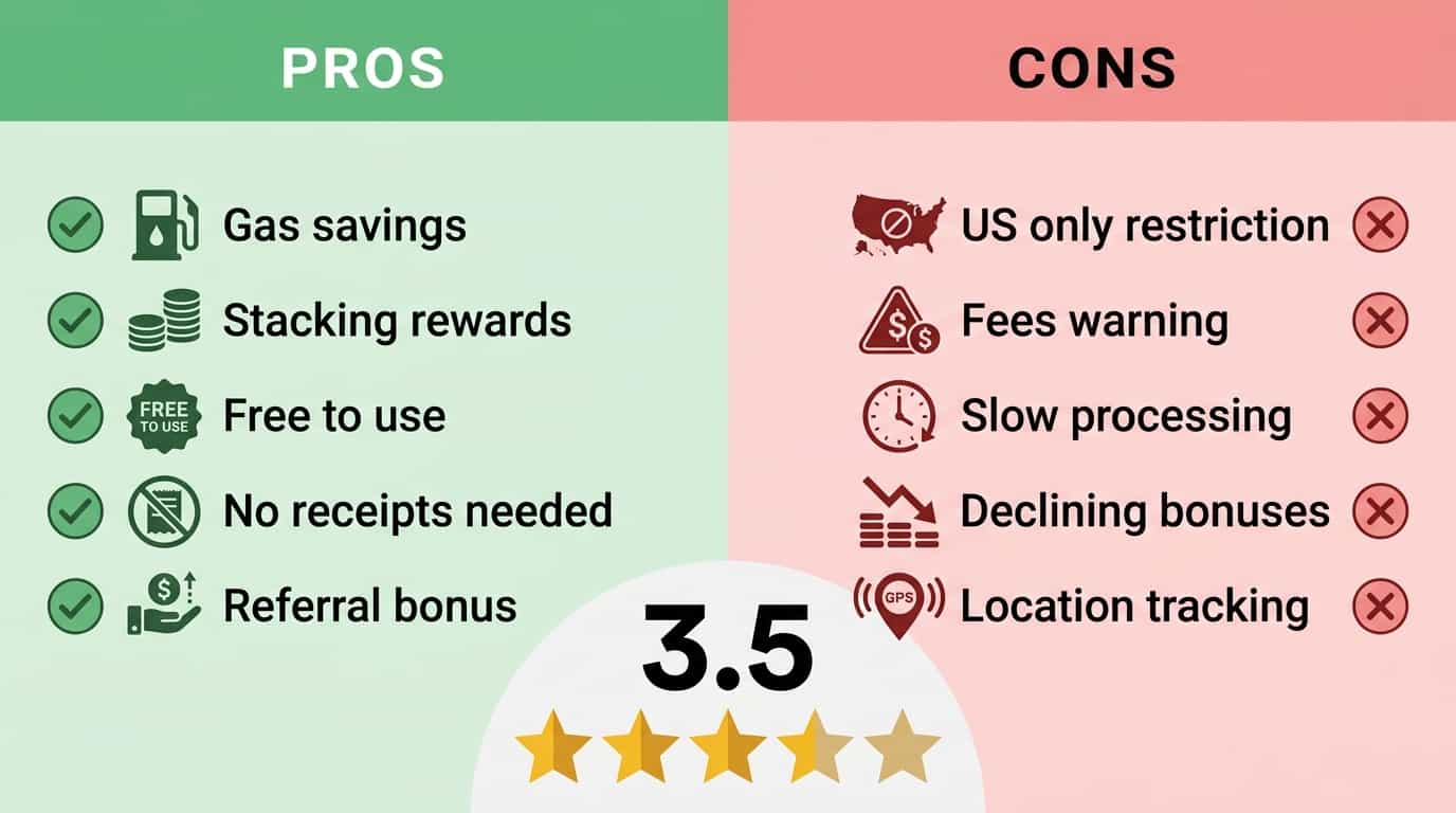 Scorecard showing Upside pros on left in green and cons on right in red with final rating of 3.5 out of 5