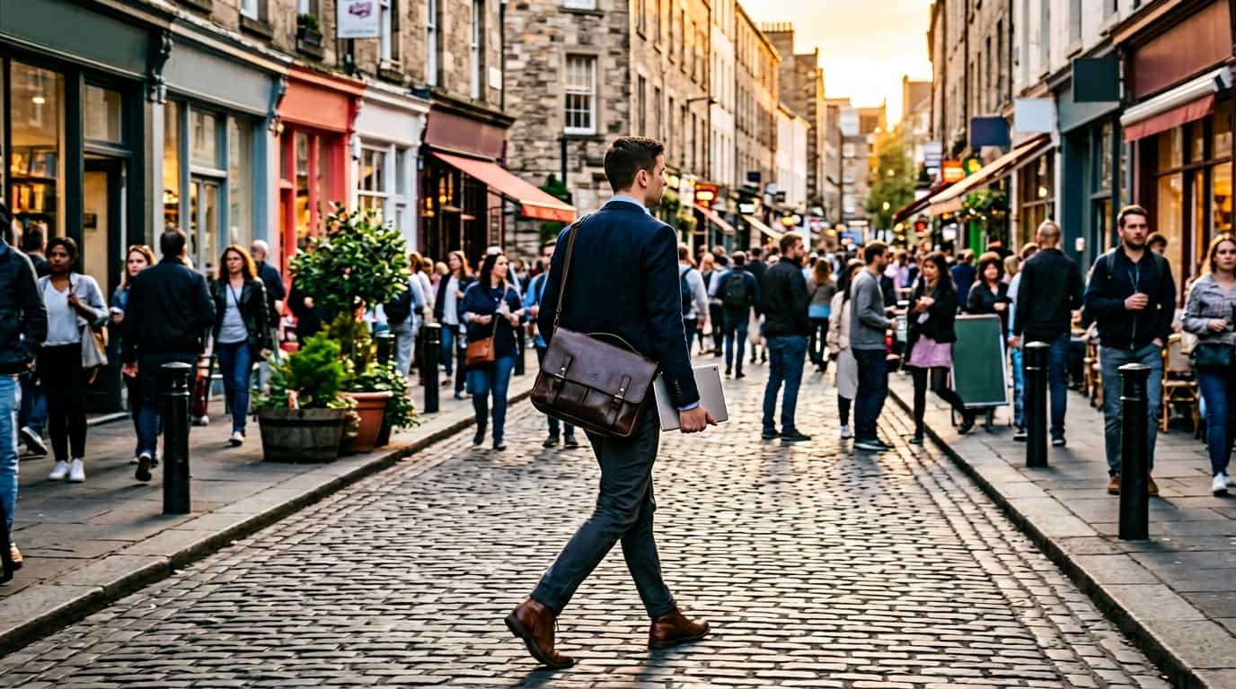 Local partner walking through commercial street to install QR Codes