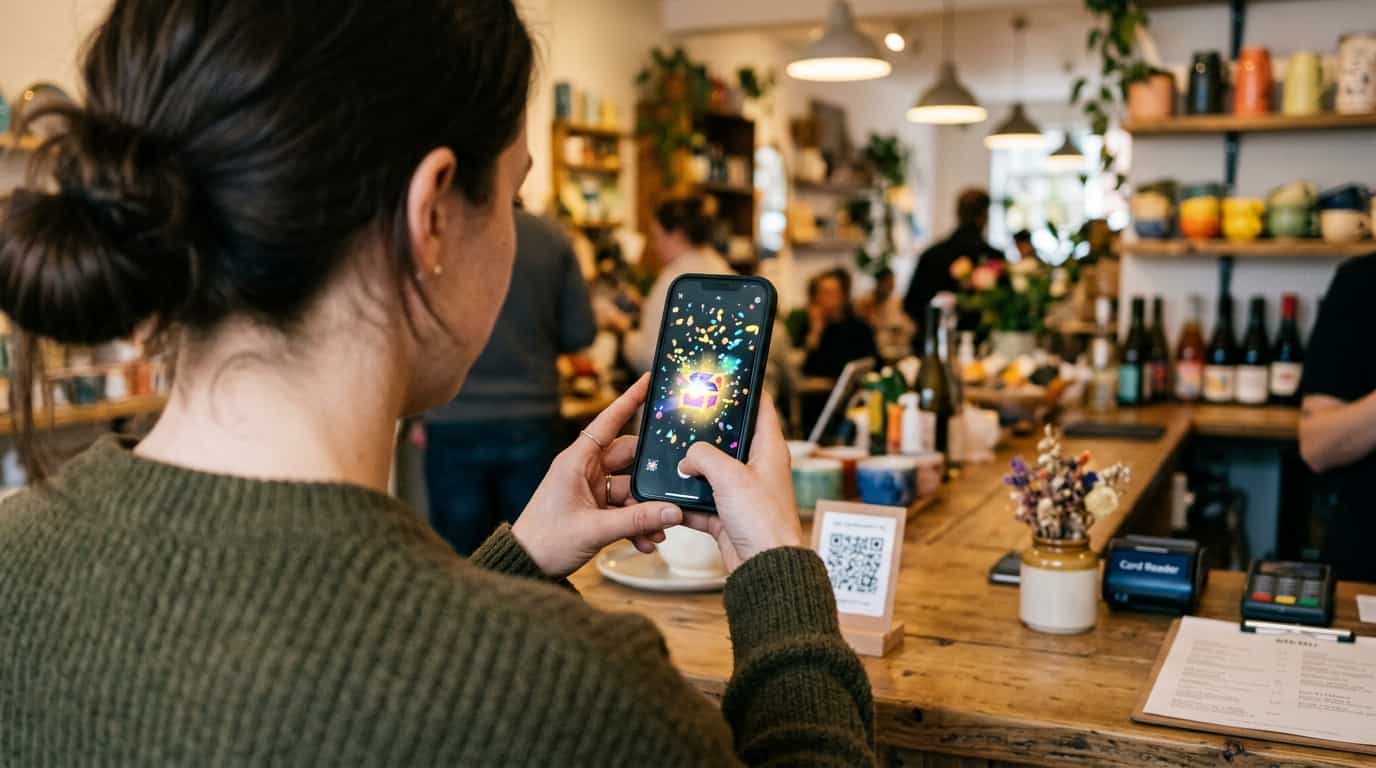 Person scanning a QR Code and receiving rewards on their phone