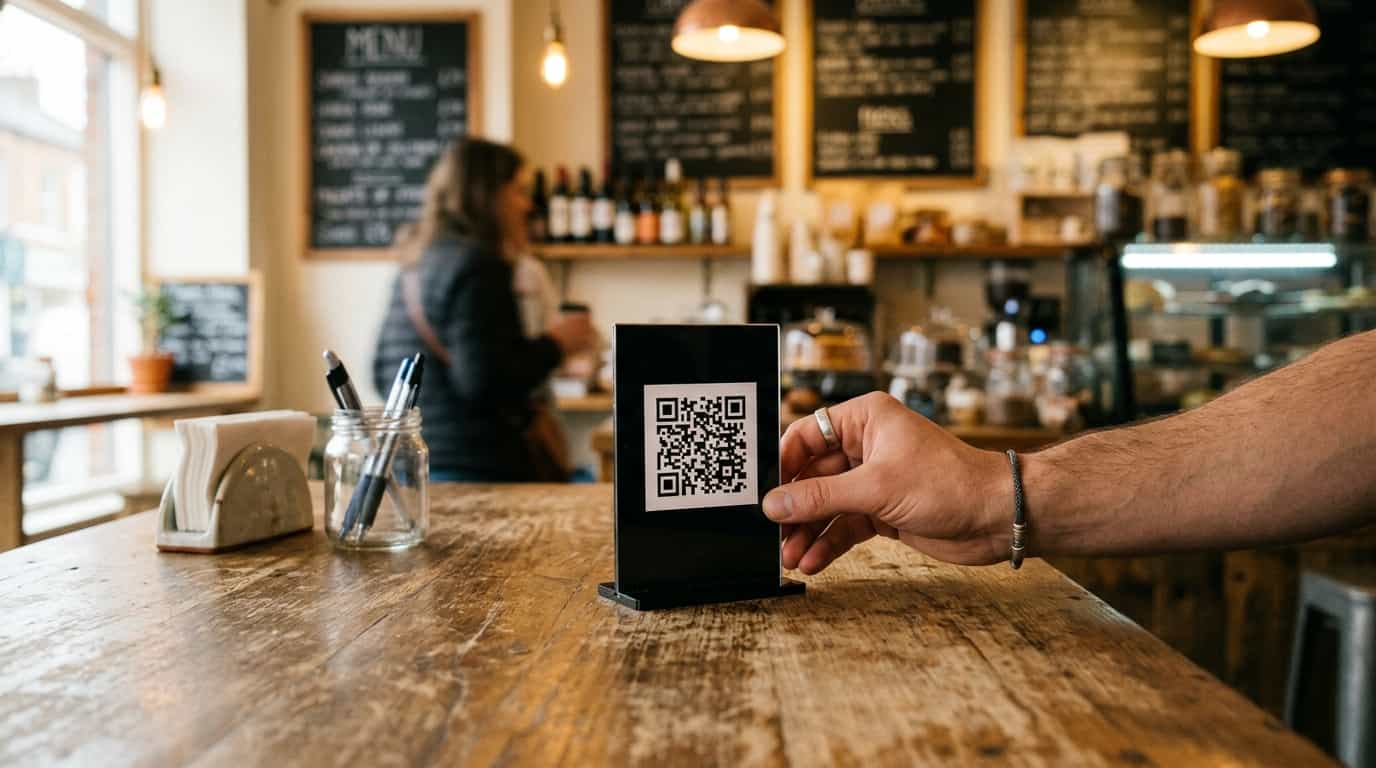 Printed QR Code being placed on a shop counter