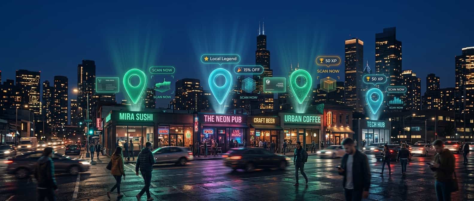 City at night with glowing VISU Local pins above local businesses showing live offers