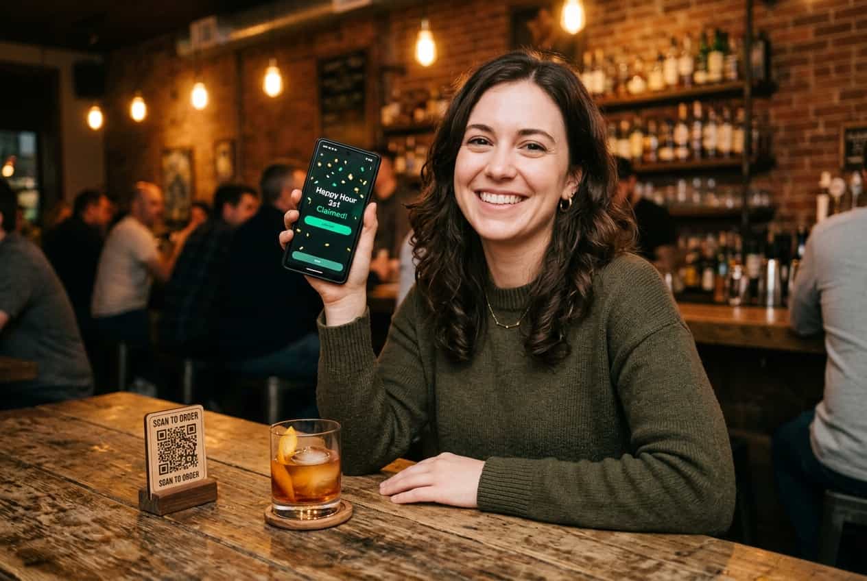 Woman at a bar showing her phone with Happy Hour reward claimed and a QR code on the table