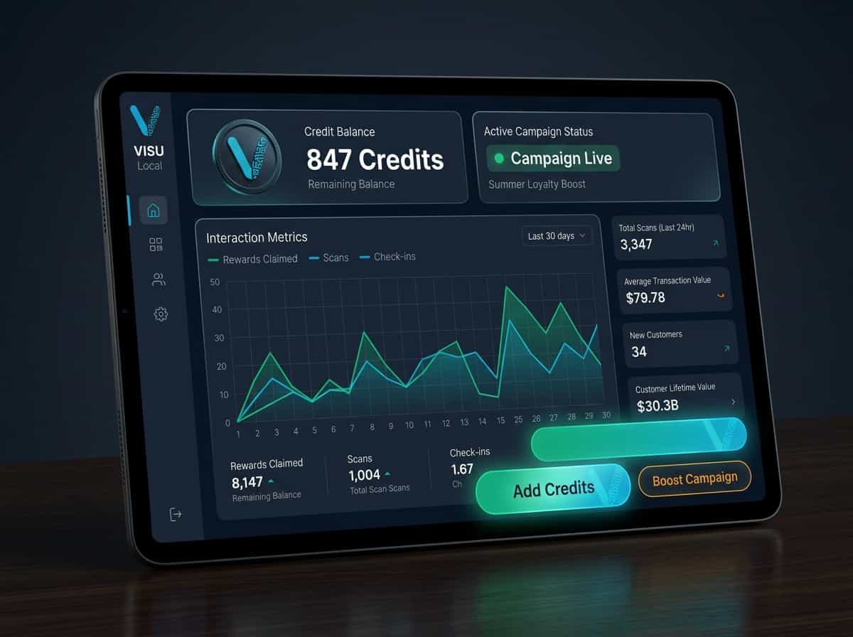VISU Local dashboard on tablet showing 847 credits, Campaign Live status, interaction metrics, and Boost Campaign button