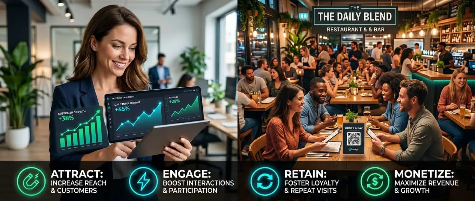 Business growth dashboard and restaurant with QR codes. Four pillars: Attract, Engage, Retain, Monetize