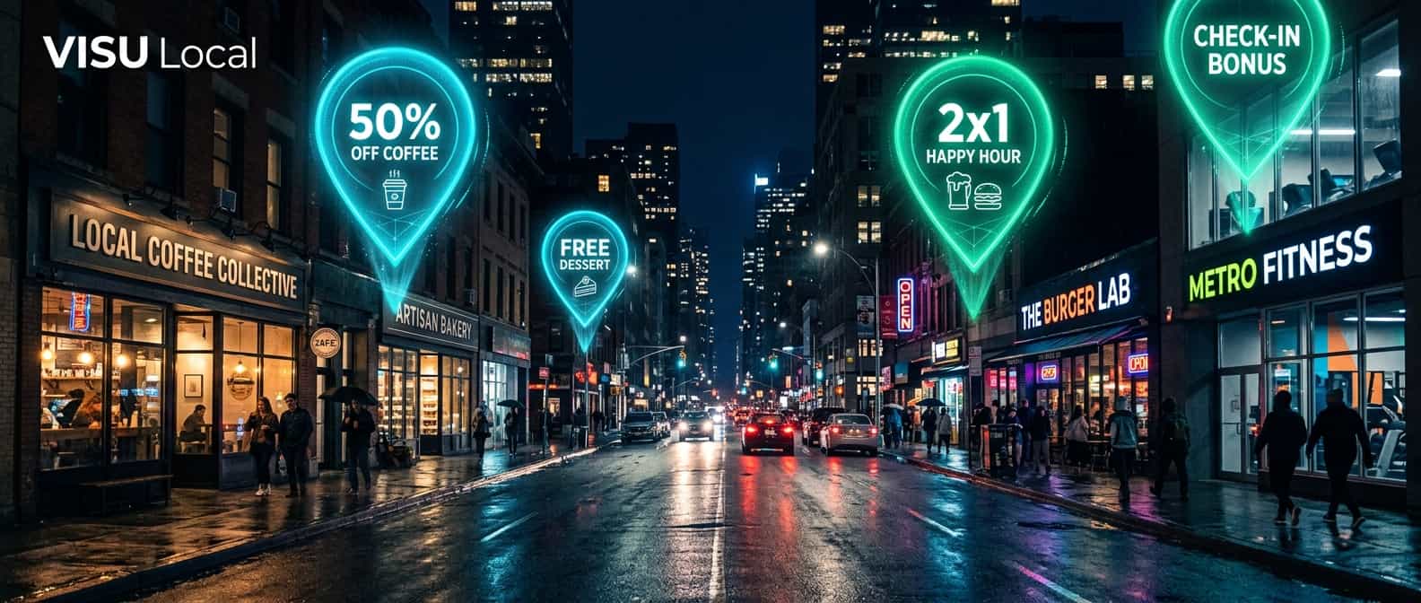 City street at night with VISU Local neon pins glowing above storefronts