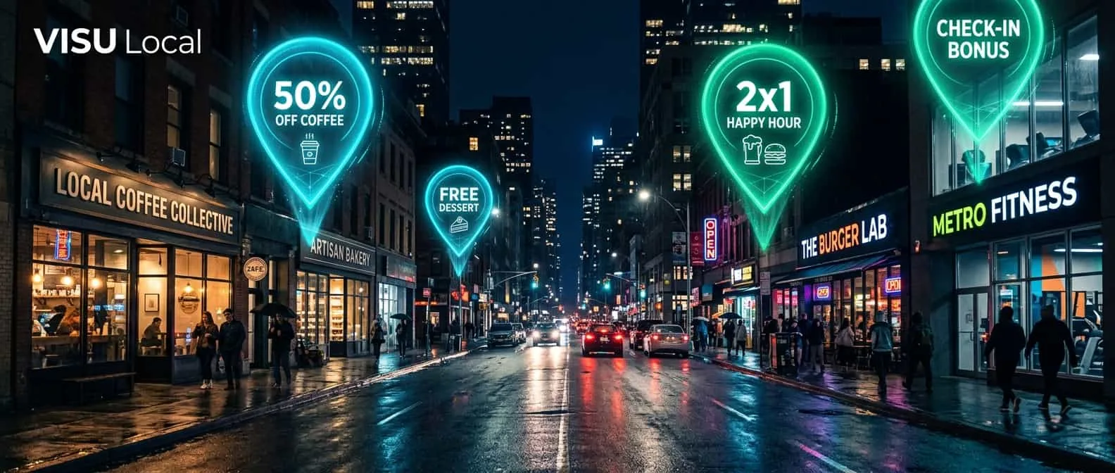 City street at night with VISU Local neon pins glowing above storefronts