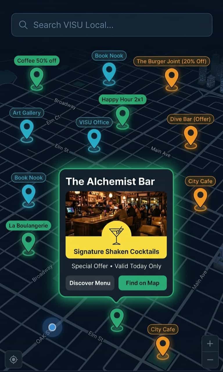 VISU Local app showing map with open pin displaying The Alchemist Bar and a live cocktail offer