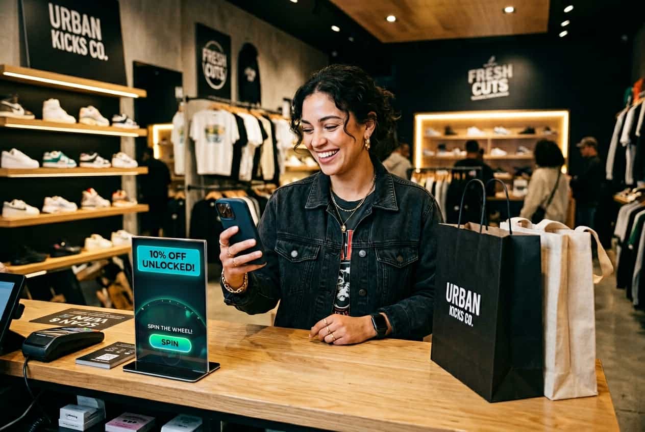 Woman at clothing store spinning the wheel on her phone to unlock 10% off