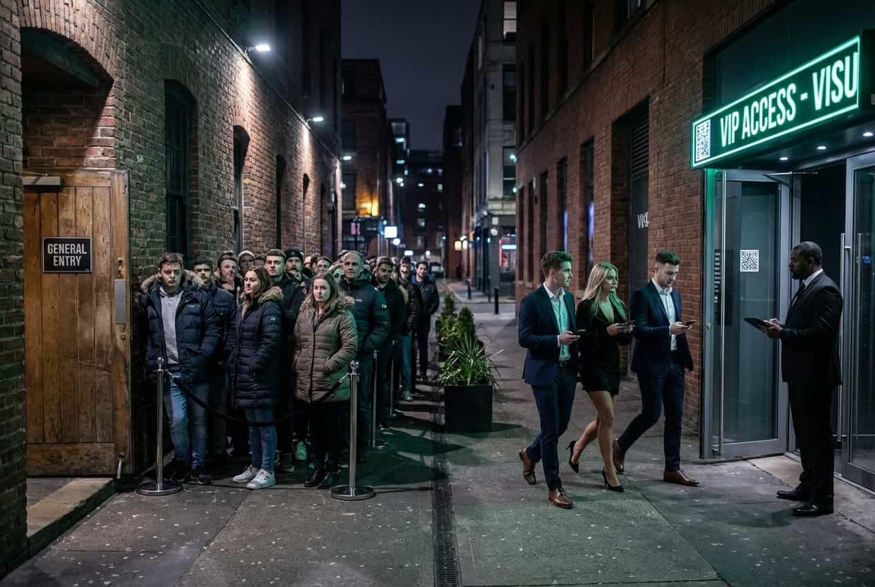 VIP access line at a club with VISU QR check-in bypassing the general entry queue