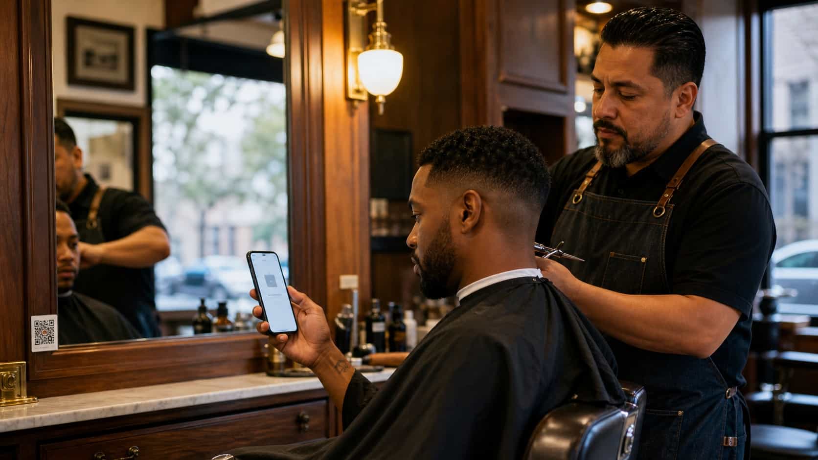 Black male customer in his thirties seated in a barber chair scanning a small QR code sticker on the mirror frame with his phone while the barber finishes the cut