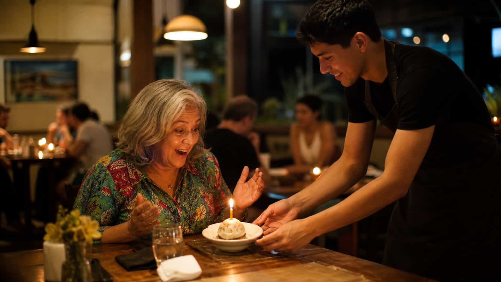 Brazilian woman in her sixties smiling as a young waiter places a small candle-lit dessert in front of her at a casual neighborhood restaurant table during the evening