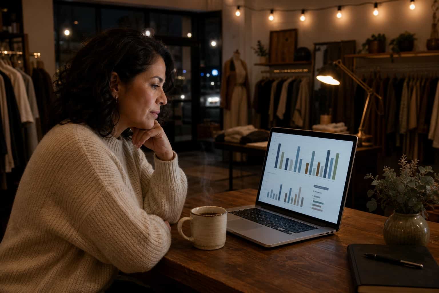 Latina female boutique owner in her forties reviewing customer scan data on a laptop at a small wooden counter in her shop after closing hours, warm evening light from a lamp