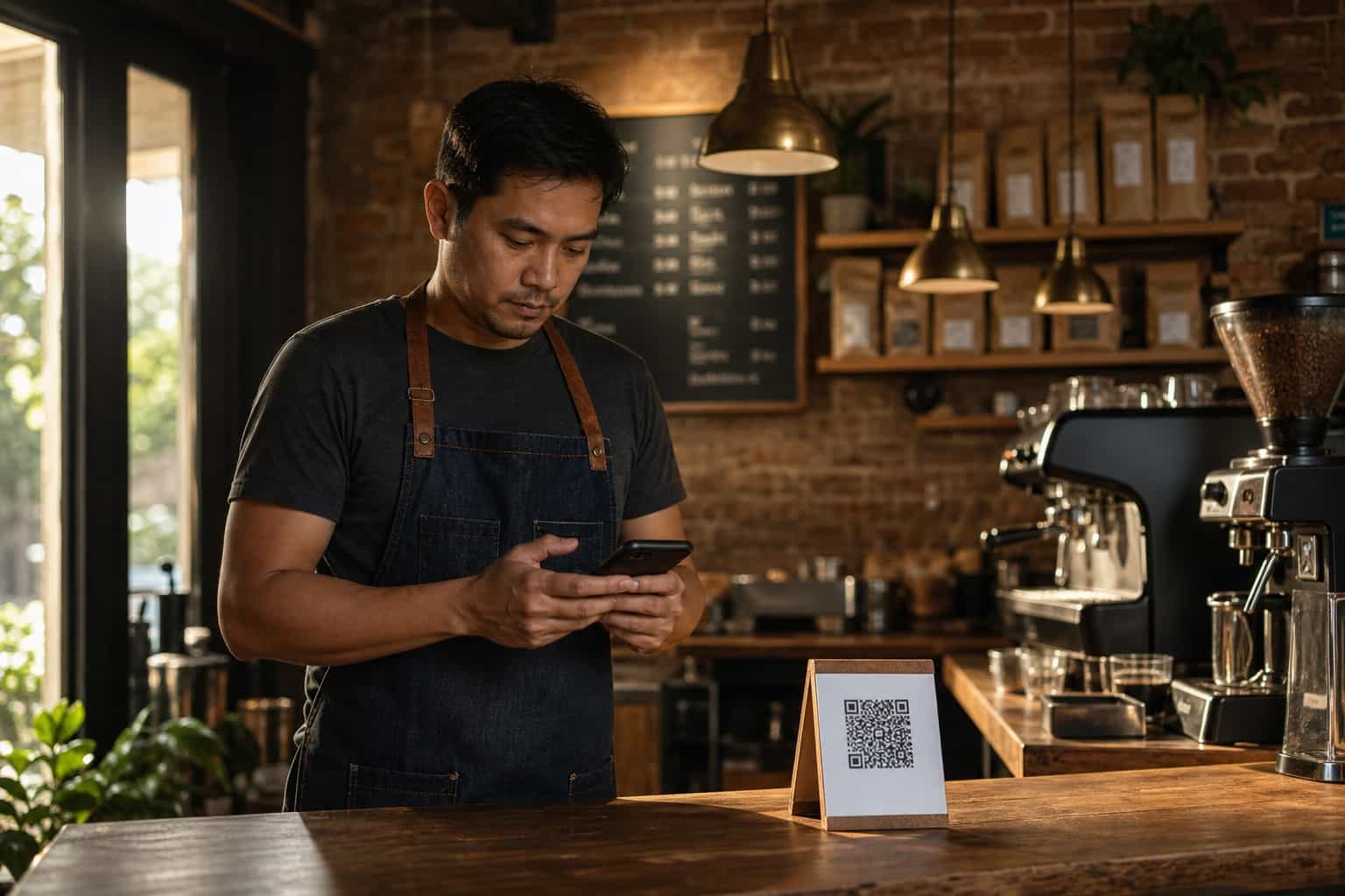 Mid-thirties Filipino male cafe owner standing behind the counter of a small specialty coffee shop holding his phone updating a QR code campaign while a printed code on a small wooden stand sits on the counter in front of him, warm morning light