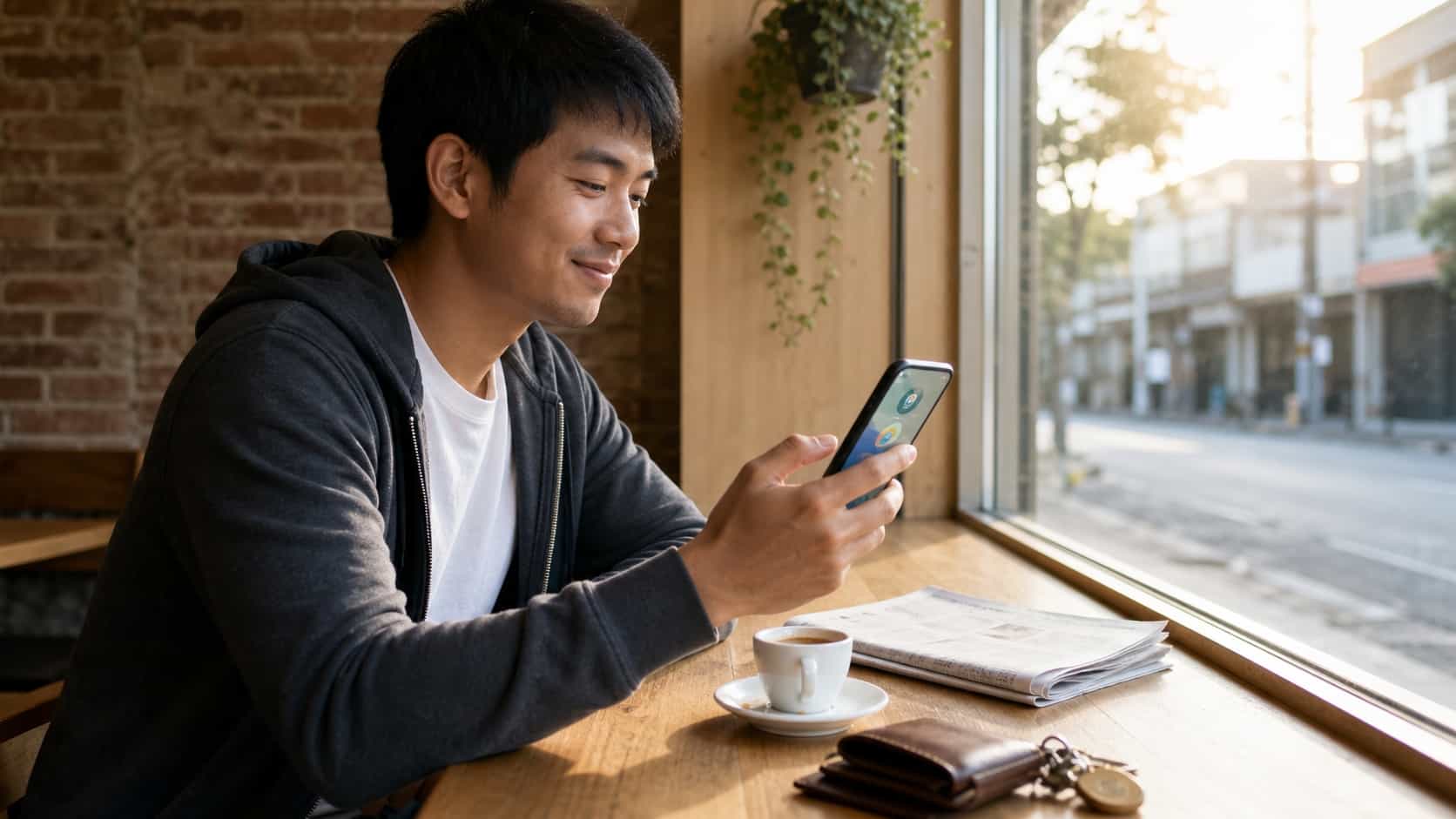 Young Thai male consumer in his late twenties sitting at a window seat in a quiet cafe looking at his phone showing his accumulated VISU rewards balance with a satisfied smile, a small espresso cup beside him, warm morning light