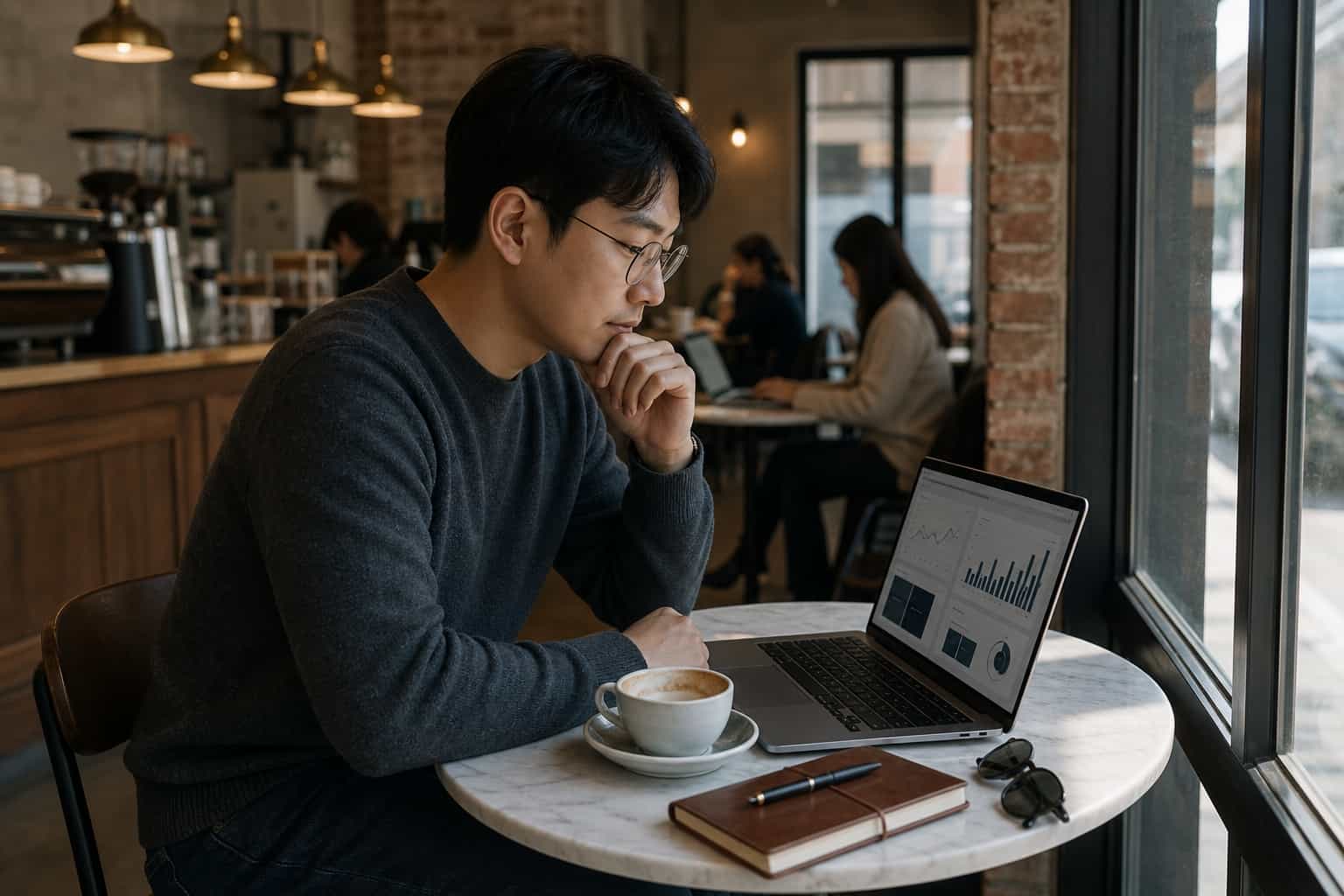 Criador de conteúdo coreano na faixa dos trinta anos sentado em uma pequena mesa de mármore em uma cafeteria revisando seu painel de ganhos em um notebook com um cappuccino ao lado, luz suave de janela, expressão concentrada e descontraída