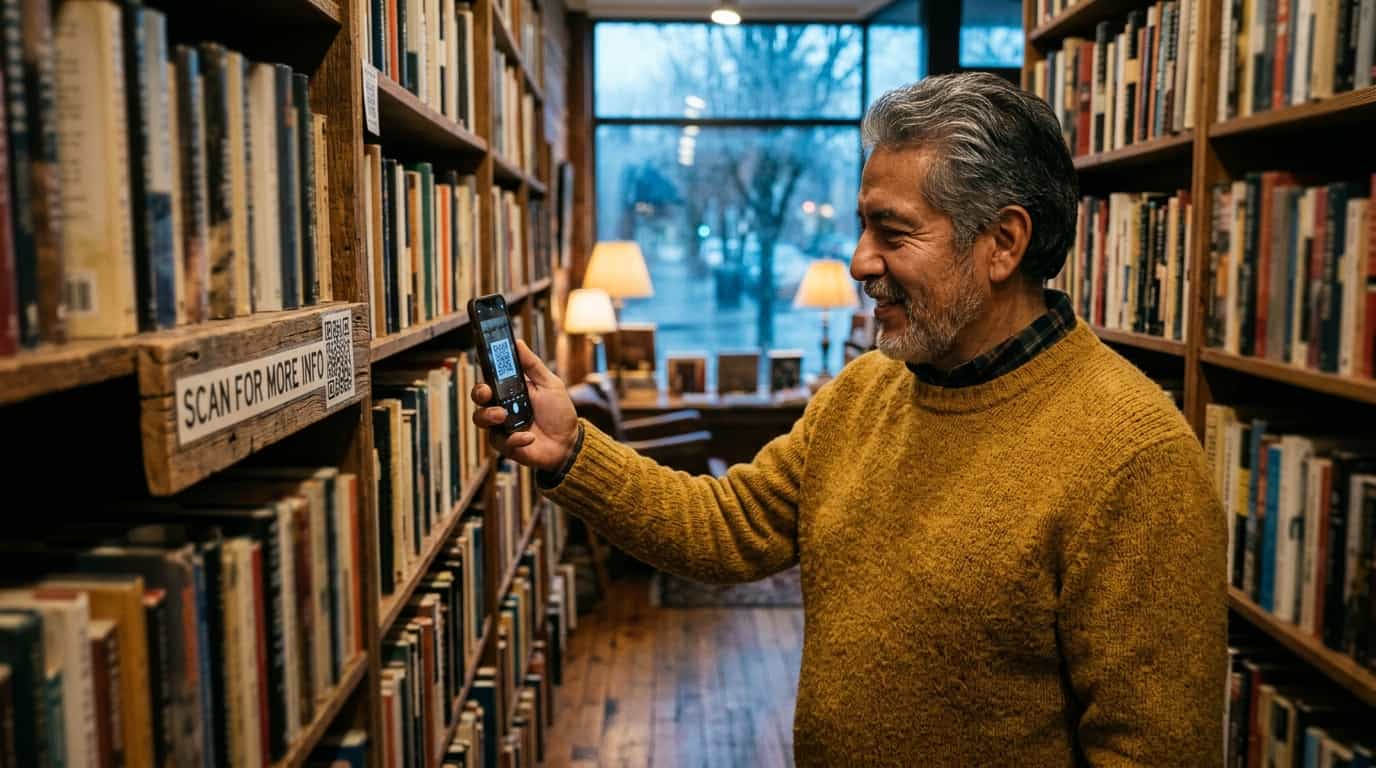 Older Latino male customer in a wool sweater scanning a QR code on a small wooden shelf sign inside a cozy independent bookstore on a rainy afternoon